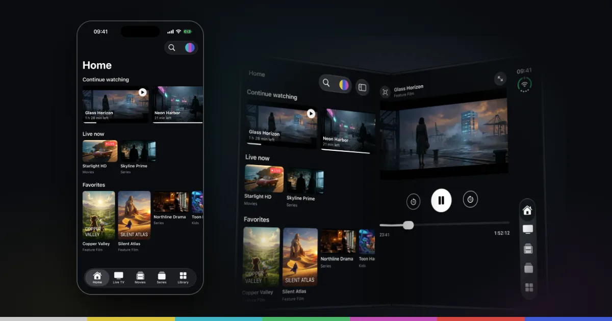 Smart IPTV Pro Player on iOS: Home screen on iPhone and iPhone Duo in book pose with the player beside the Home screen