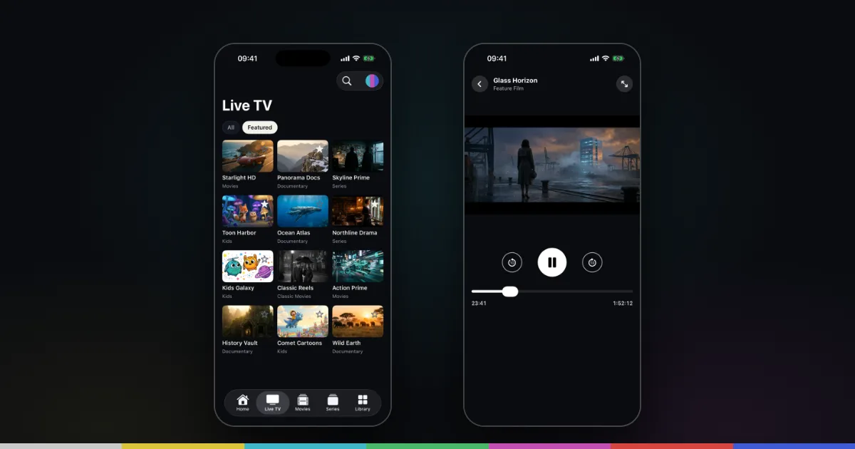 Smart IPTV Pro Player on iPhone: Live TV channel grid and movie player with playback controls