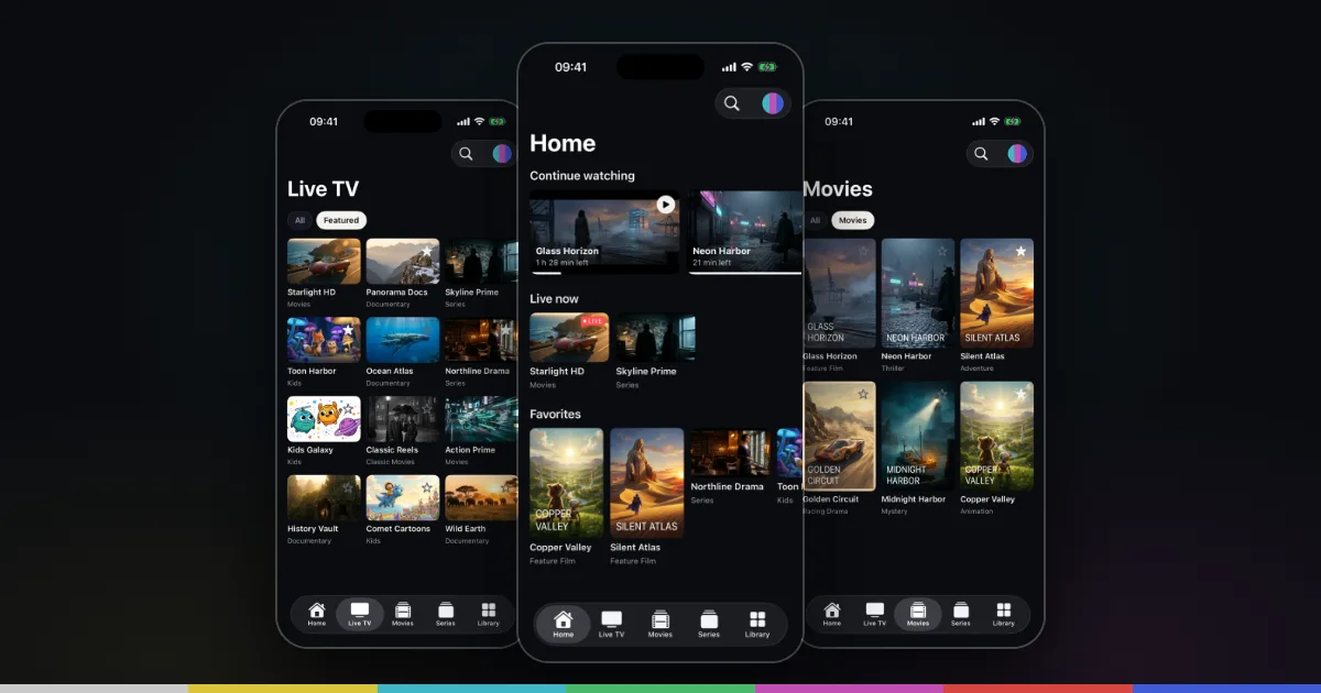 IPTV player for iPhone: Smart IPTV Pro Player Live TV channel grid, Home screen with Continue watching and Movies library