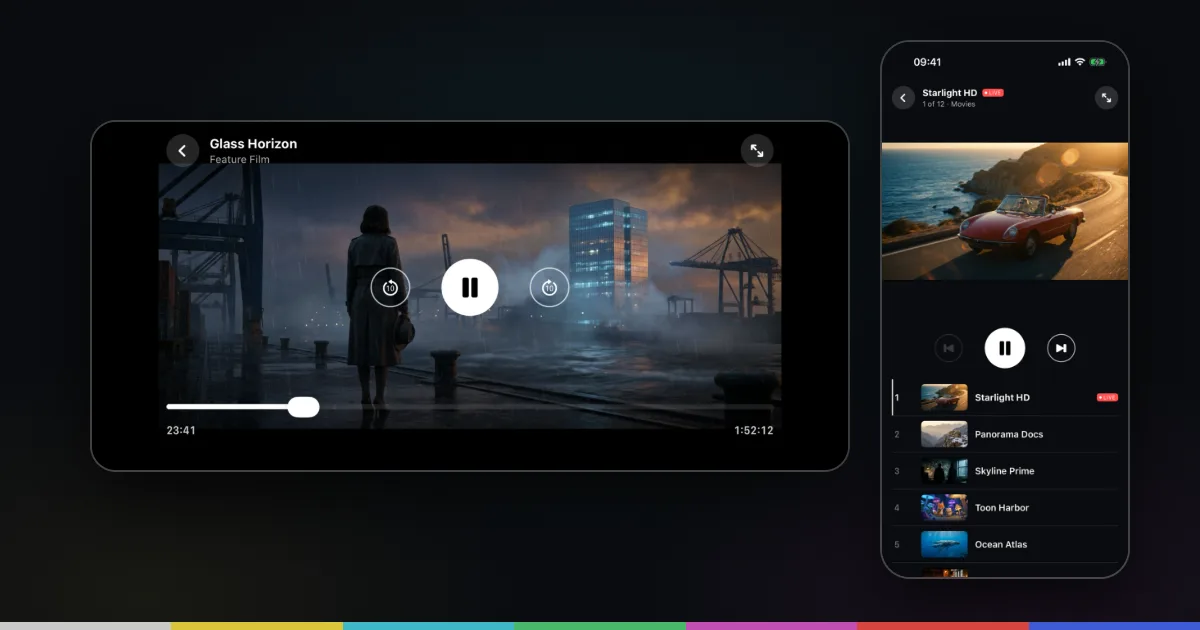 IPTV playback on iPhone: landscape movie player with seek bar and portrait live player with the channel list below