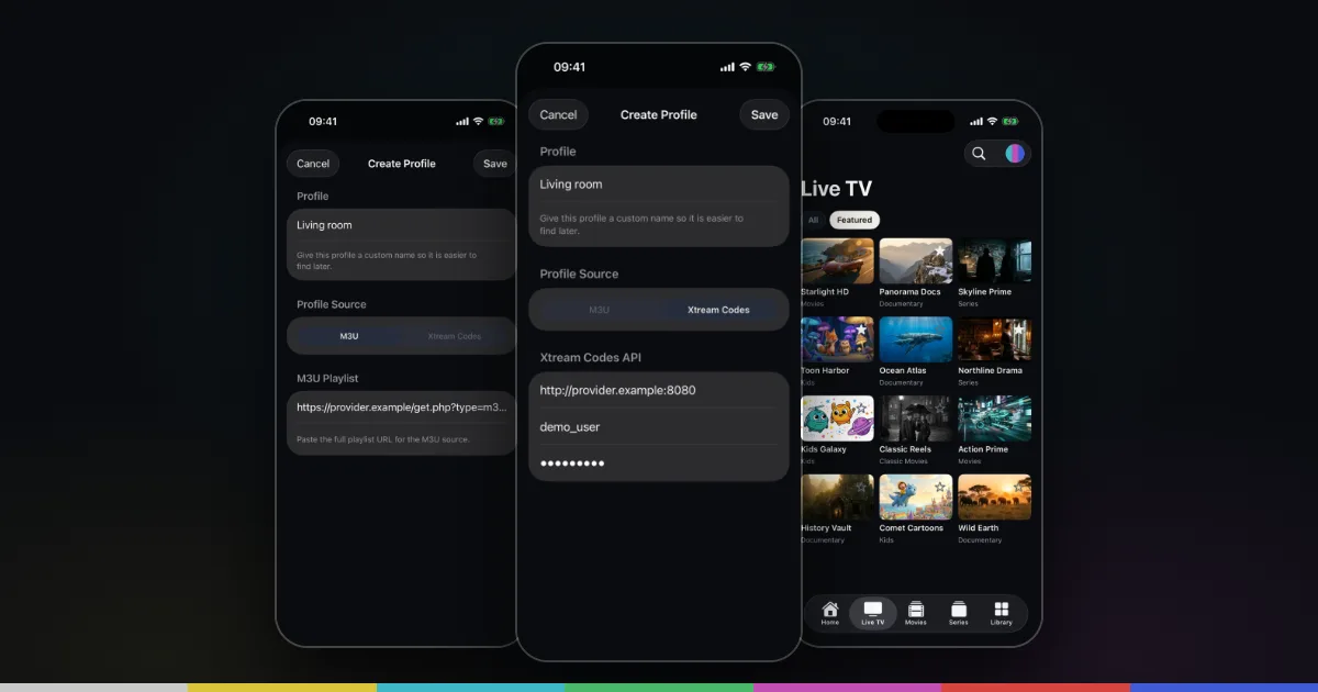 Setting up M3U and Xtream Codes on iPhone: playlist URL form, Xtream Codes server, username and password fields, then the loaded Live TV list