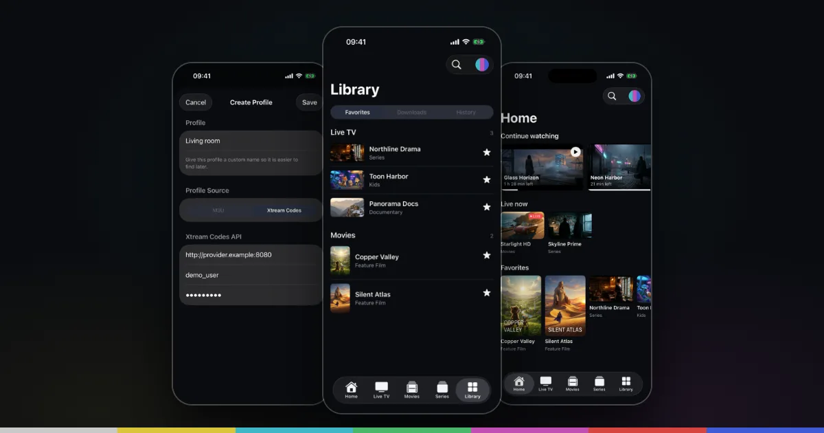 IPTV Smarters alternative on iPhone: Xtream Codes login in Smart IPTV Pro Player, Library favorites and Home screen