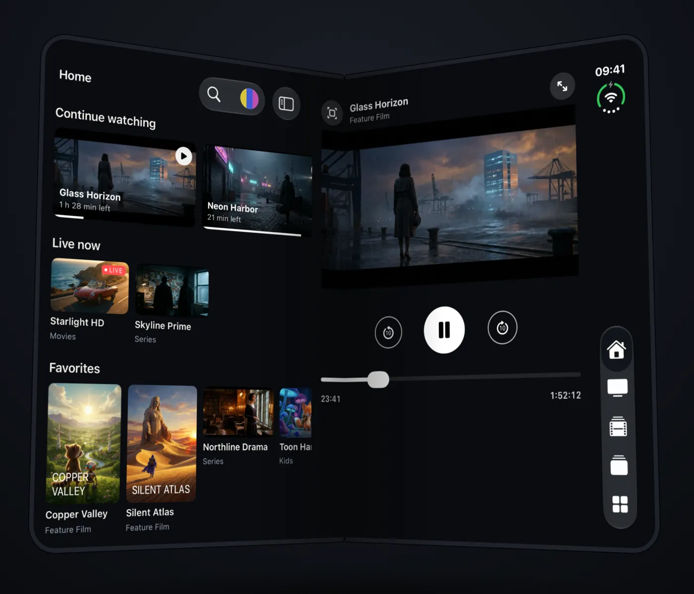 iPhone Duo half-open like a book: Smart IPTV Pro Player shows Continue watching and live channels on the left page and the video player on the right