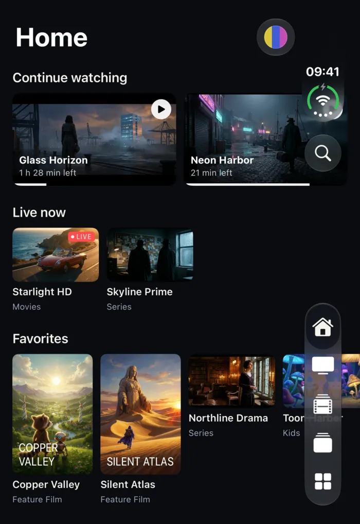 Closed iPhone Duo outer display showing the Smart IPTV Pro Player Home screen with Continue watching, live channels and the tab bar