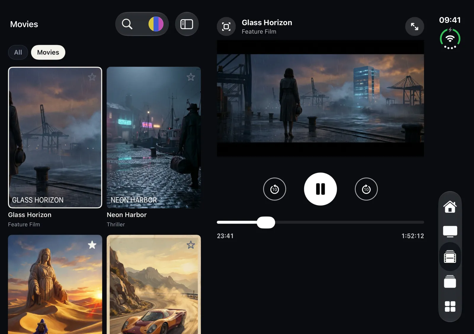 Unfolded iPhone Duo inner display in landscape with the Movies grid on the left, the video player on the right and the tab bar along the edge