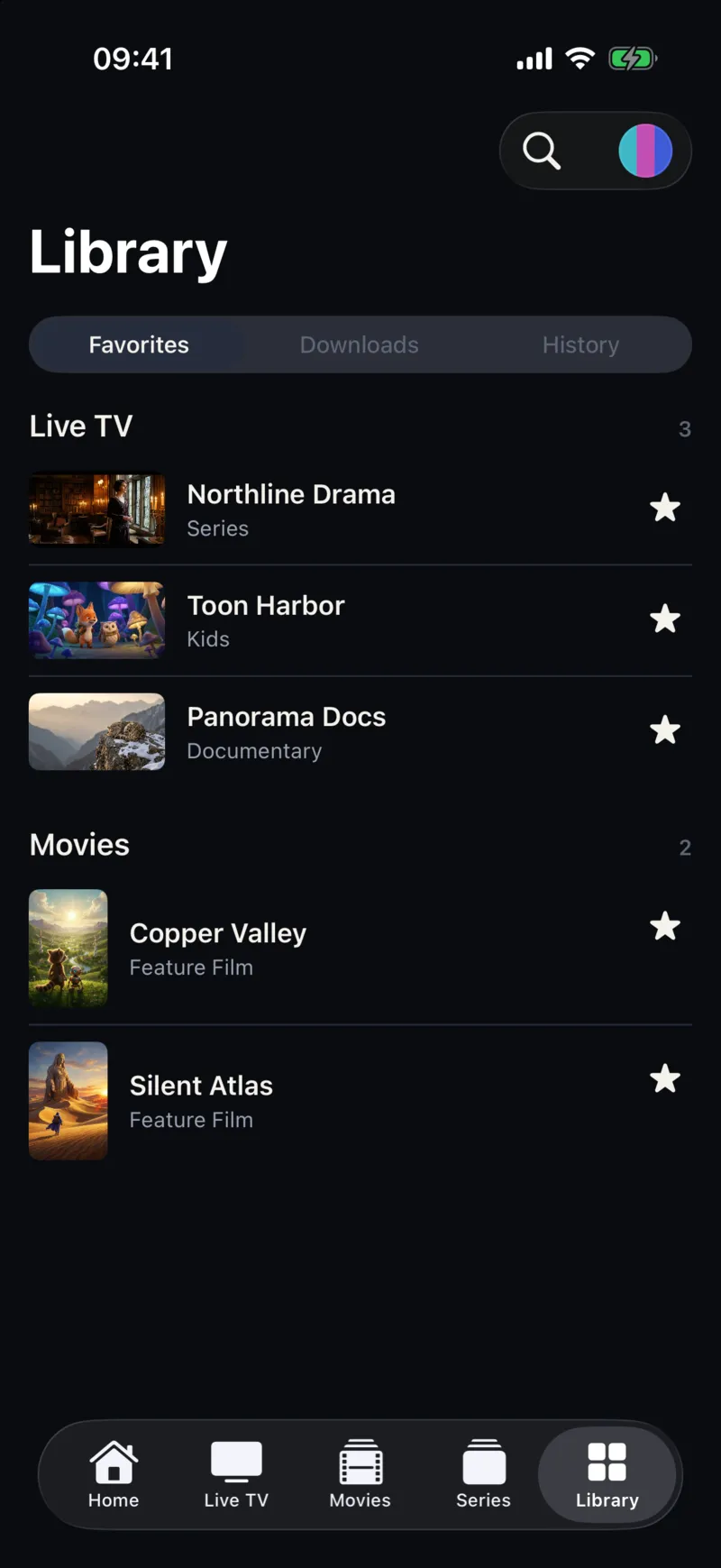 Library screen in Smart IPTV Pro Player on iPhone listing favorite live channels and movies, with Favorites, Downloads and History tabs