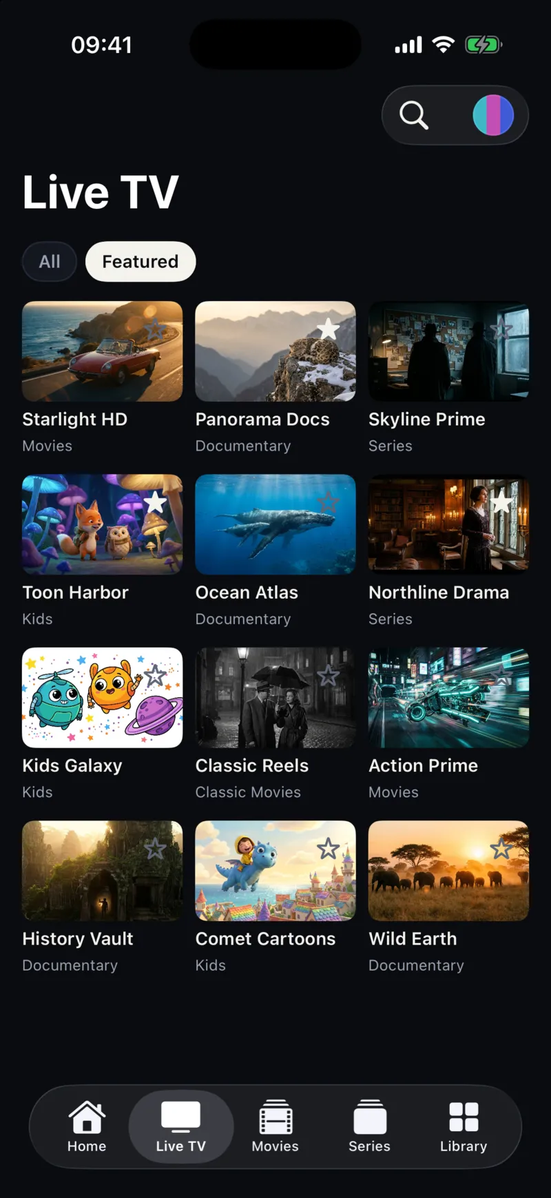 Live TV screen in Smart IPTV Pro Player on iPhone: a grid of sample channels showing film, series, cartoon and documentary scenes, some starred as favorites