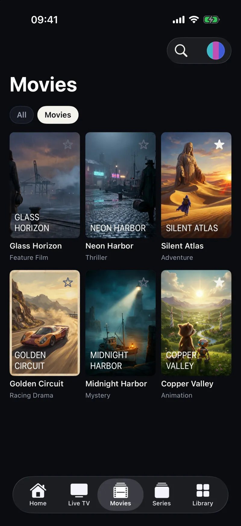Movies screen in Smart IPTV Pro Player on iPhone showing a grid of sample film posters with titles
