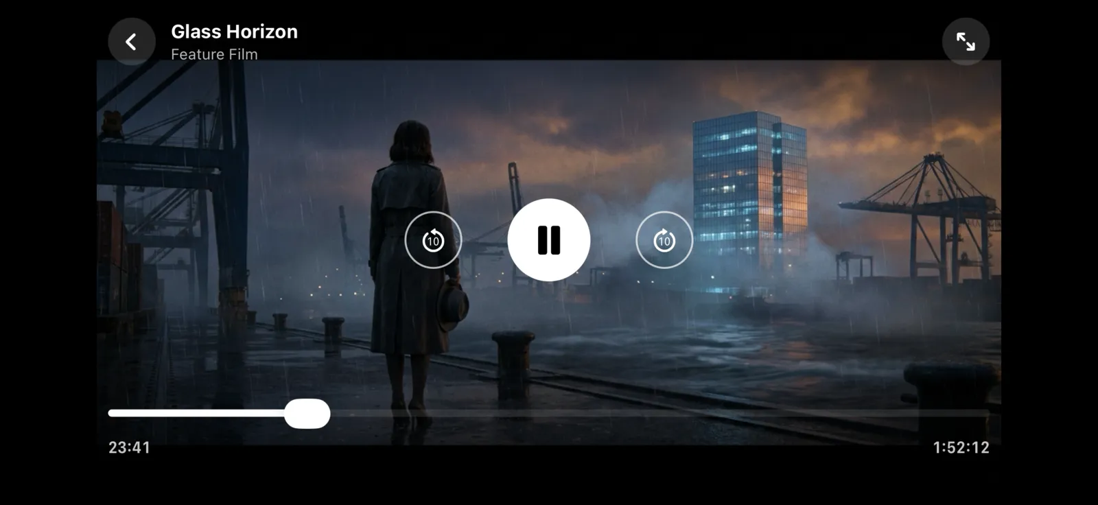 Smart IPTV Pro Player on iPhone in landscape playing the sample film Glass Horizon, with pause and skip buttons and a progress bar
